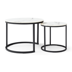 HAOYYE Set of 2 Round Nesting Coffee Tables with White and Gray Marble Pattern Tops and Black Metal Frame, Modern Industrial Accent Side Tables for Living Room Bedroom Apartment Office or Small Spaces