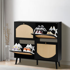 HAOYYE Rattan Shoe Cabinet with 2 Rows of 4 Flip Drawers, Arched High Legs, Black Metal Frame and Natural Wood-Look Panels, Modern Particle Board Storage Organizer for Entryway, Hallway, Bedroom