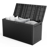 HAOYYE Black Outdoor Storage Deck Box Plastic Chest with Lockable Lid and Wheels Waterproof UV Resistant 90Gal Capacity for Garden Tools Patio Cushions BBQ Gear Garage Organization