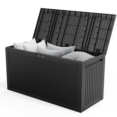 HAOYYE Black Outdoor Storage Deck Box Plastic Chest with Lockable Lid and Wheels Waterproof UV Resistant 90Gal Capacity for Garden Tools Patio Cushions BBQ Gear Garage Organization
