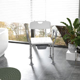 HAOYYE White Shower Chair with Removable Bucket and Drainage Holes, Adjustable Height Bath Seat with Padded Armrest Backrest Suction Feet, Tool-Free Assembly for Bathroom Safety and Support