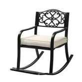 HAOYYE Metal Rocking Chair with Cushion and Footrest, Outdoor Patio Rocker Bench with Weatherproof Cast Iron Frame, Elegant Floral Backrest Rocking Seat for Garden, Porch, Deck, or Lawn Relaxation