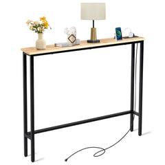 HAOYYE Oak Narrow Console Sofa Table With Built-In Power Outlets And USB Ports, Skinny Couch Table With Metal Frame And Charging Station With Extension Cord, Space Saving Sofa Table For Apartments Dorms And Living Rooms