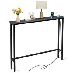HAOYYE Black Narrow Console Sofa Table with Built-In Power Outlets and USB Ports, Slim Couch Table with Sturdy Metal Frame and Charging Station, Space-Saving Design for Apartments Dorms and Living Rooms