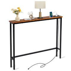 HAOYYE Console Sofa Table with Power Outlets and USB Ports, Slim Skinny Couch Table with Metal Frame and Charging Station, Ideal for Apartments, Living Rooms, and Dorms, Rustic Brown