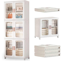 HAOYYE Tall Bathroom Storage Cabinet with Doors and Wheels Narrow Movable Freestanding Organizer with Adjustable Shelves Foldable Stackable Plastic Cabinet for Bathroom Living Room and Small Spaces