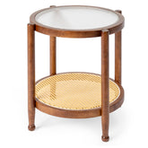 HAOYYE Rattan Coffee Table With Water Ripple Glass Top Hand-Woven Boho Side Table Compact Round End Table For Living Room Bedroom Balcony Patio Walnut Brown