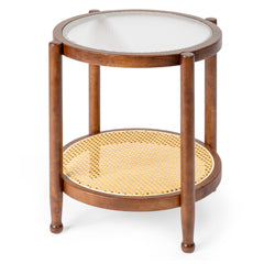HAOYYE Rattan Coffee Table With Water Ripple Glass Top Hand-Woven Boho Side Table Compact Round End Table For Living Room Bedroom Balcony Patio Walnut Brown
