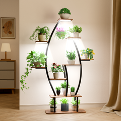 HAOYYE 9-Tier Plant Stand With Grow Lights Indoor 59 Inch Tall Leaf Shaped Metal Plant Shelf Adjustable Full Spectrum Lighting For Indoor Plants Home Office Patio Gardening