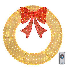 HAOYYE 48in Pre-Lit Outdoor Christmas Wreath Decoration with 315 LED Lights, Metal Holiday Decor for Home Exterior and Garden, Festive Gold and Red Bow, Energy Efficient, Weather Resistant, Easy to Hang