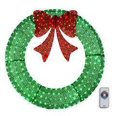 HAOYYE 48in Pre-Lit Outdoor Christmas Wreath Decoration with 315 LED Lights, Metal Holiday Decor for Home Exterior and Garden, Festive Green and Red Bow, Energy Efficient, Weather Resistant, Easy to Hang