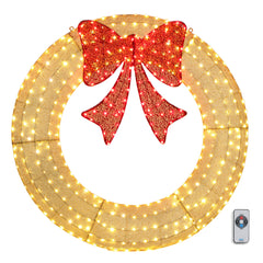 HAOYYE Gold Red 60in Pre-Lit Outdoor Christmas Wreath LED Metal Holiday Decoration with 400 Lights Bow for Home Garden Exterior Durable Weather Resistant Festive Décor Easy to Hang
