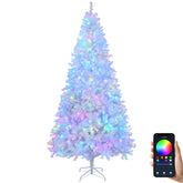 HAOYYE White Artificial Christmas Tree with 1150 Branch Tips, Pre-Lit with APP Controlled RGB Lights, Hinged Branches for Easy Assembly, Versatile Holiday Decoration for Home Office Store Party, Durable PVC and Iron Base