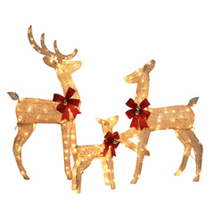 HAOYYE Champagne Family Elk Courtyard Decoration with Iron Frame Pre-Lit 3pcs Set for Outdoor Garden Lawn Holiday Christmas Yard Display Festive Home Décor
