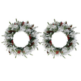 HAOYYE 2 Pack Pre-Lit Snow Flocked Christmas Wreaths Lighted Artificial Xmas Wreaths with Warm LED Lights Red Berries and Pine Cones for Front Door Gate Wall Holiday Party Decorations