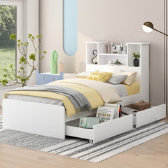 HAOYYE Twin Size Storage Platform Bed Frame with 4 Open Storage Shelves and 2 Drawers, LED Lights, White, Sturdy Space-Saving Heavy Duty Design, Easy Assembly, Ideal for Adults and Dorm Rooms