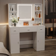 HAOYYE The white vanity with LED mirror is equipped with a hair dryer rack, and the vanity in the bedroom and dressing room is equipped with a dressing pad
