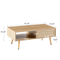 HAOYYE 41.34" Rattan Coffee table, sliding door for storage, solid wood legs, Modern table for living room , natural Sturdy Space-Saving Heavy Duty Modern Design Easy Assembly Durable Stylish Home Furniture