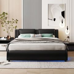 HAOYYE Full Size Upholstered Faux Leather Platform Bed with LED Light Bed Frame with Slatted - Black Sturdy Space-Saving Heavy Duty Modern Design Easy Assembly Durable Stylish Home Furniture Versatile