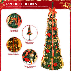 HAOYYE Green Pre-lit Pop Up Christmas Tree Fully Decorated Artificial Xmas Tree with 150 Warm LED Lights Red and Golden Ornaments Easy Assembly for Home Office Store Holiday Decoration