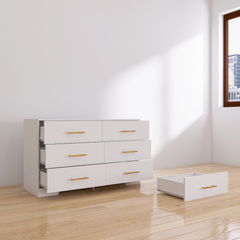 HAOYYE White 6-Drawer Dresser With Golden Handles, Spacious Modern Chest of Drawers, Sturdy Space-Saving Design, Heavy Duty, Easy to Assemble, Ideal for Bedrooms and Dorm Rooms