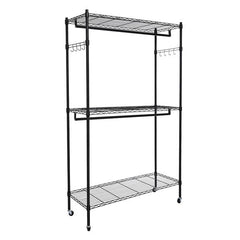 HAOYYE 2-Tier Rod Closet Organizer Garment Rack with Storage Shelf and Side Hooks, Portable Clothes Hanging Rack for Bedroom Entryway Apartment, Heavy Duty Metal Frame Wardrobe Organizer in Black