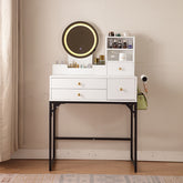 HAOYYE Vanity Desk With Lighted Mirror And Power Outlet, Makeup Table With Drawers And Cabinet, Sturdy Iron Frame, Space-Saving Modern Design, Heavy Duty White Makeup Vanity Table For Bedroom