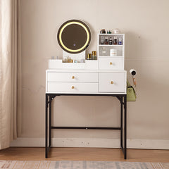 HAOYYE Vanity Desk With Lighted Mirror And Power Outlet, Makeup Table With Drawers And Cabinet, Sturdy Iron Frame, Space-Saving Modern Design, Heavy Duty White Makeup Vanity Table For Bedroom