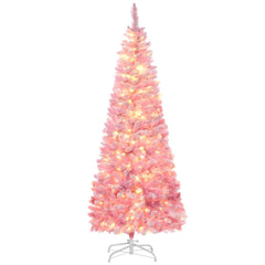 HAOYYE 6ft Prelit Snow Flocked Artificial Christmas Tree with Pencil Shape, Pine Realistic Branches, Warm White LED lights, Auto Open, Pink and White Sturdy Space-Saving Heavy Duty Modern Design