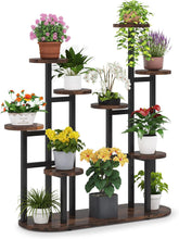 HAOYYE Multi-Tier Metal Plant Stand with High and Low Shelf Design for Indoor Outdoor Use, Holds 11 Pots or More, Space-Saving Flower Stand for Balcony Garden Patio Living Room, Sturdy Wood and Metal Construction