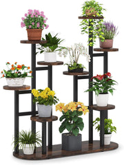 HAOYYE Multi-Tier Metal Plant Stand with High and Low Shelf Design for Indoor Outdoor Use, Holds 11 Pots or More, Space-Saving Flower Stand for Balcony Garden Patio Living Room, Sturdy Wood and Metal Construction