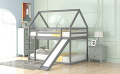 HAOYYE Twin Size Bunk House Bed with Slide and Ladder,Gray Sturdy Space-Saving Heavy Duty Modern Design Adults Dorm Room Easy Assembly Bedroom Furniture