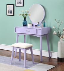 HAOYYE Liannon Contemporary Wood Vanity and Stool Set, Purple Makeup Vanity Table with Storage Drawers, Elegant Dressing Table with Round Mirror and Cushioned Stool, Stylish Compact Vanity Desk for Bedroom, Apartment, or Makeup Room
