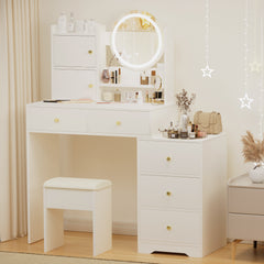 HAOYYE Fashion Vanity Desk with Mirror and Lights for Makeup and Cushioned Chair, Vanity Mirror with Lights and Table Set with 3 Color Lighting Brightness Adjustable,Dressing table, White Color Sturdy
