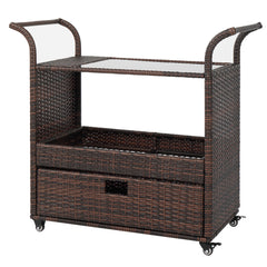 HAOYYE Outdoor Wicker Rattan Bar Cart on Wheels Brown Gradient Rolling Serving Sideboard with Storage for Patio Garden Balcony Party Beverage Station Portable Outdoor Furniture