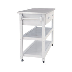 HAOYYE Kitchen Cart with Stainless Steel Tabletop, Two Drawers, and Storage Shelves, White, Sturdy Space-Saving Design, Heavy Duty Construction, Easy Assembly, Durable and Stylish Home Furniture