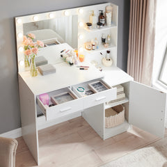 HAOYYE Vanity Desk with Mirror and Lights, 46.4IN Dressing Table with 2 Large Drawer&Large Vertical Organizer, 3 Level Dresser & 3 Lighting Modes Adjustable Brightness, Suitable for Bedroom(White)