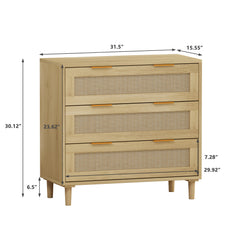 HAOYYE 31.50-Inch 3-Drawer Rattan Storage Cabinet for Bedroom, Living Room, Dining Room, and Hallways, Oak Finish, Sturdy Space-Saving Heavy Duty Modern Design, Easy Assembly for Adults and Dorm Rooms