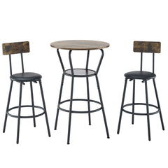 HAOYYE Round bar table and stool set with shelf, upholstered stool with backrest, Rustic Brown, 24.17"W x 24.17"D x 36.02"H Sturdy Space-Saving Heavy Duty Modern Design Adults Dorm Room Easy Assembly
