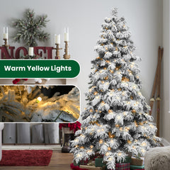 HAOYYE Artificial Flocked LED Lit Christmas Tree with Mixed PE and PVC Branch Tips, Hinged Automatic Structure with Foldable Premium Base, Fireproof Eco-Friendly Material, Easy Assembly, Stable Heavy Duty Stand for Indoor Holiday Decorating