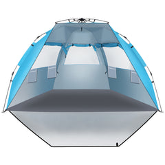 HAOYYE Quick Open Pop Up Beach Tent Blue Portable Sun Shelter with Fiberglass Poles and Durable Oxford Fabric Lightweight Easy Setup UV Resistant Shade Canopy for Outdoor Camping Picnic Travel Patio and Beach Use