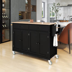HAOYYE Kitchen Island Cart with Solid Wood Top, 4-Door Cabinet, Two Drawers, Spice Rack, and Towel Rack, Black Modern Kitchen Storage, Heavy Duty, Space-Saving Design, Mobile Island for Kitchen or Dining Room