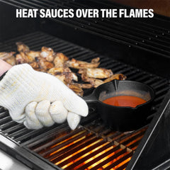 Haoyye Cast Iron Basting Pot and Silicone BBQ Brush Set, 15 Oz Pre-Seasoned Saucepan with Heat-Resistant Brush for Grilling, Meat Smoking, or Stovetop Use, No-Drip Pour Spouts, Mess-Free BBQ Accessory for Outdoor Cooking or Gift for Grill Lovers