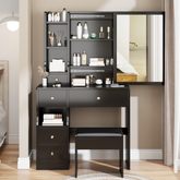HAOYYE Left Drawer Desktop Vanity Table With Cushioned Stool, Modern Multi-Layer Storage Makeup Desk With Sliding Mirror, Stylish Functional Dresser For Compact Spaces, Ideal For Users Up To 5.6ft Tall