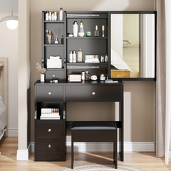 HAOYYE Left Drawer Desktop Vanity Table With Cushioned Stool, Modern Multi-Layer Storage Makeup Desk With Sliding Mirror, Stylish Functional Dresser For Compact Spaces, Ideal For Users Up To 5.6ft Tall