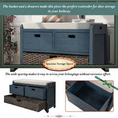 HAOYYE Storage Bench with Removable Basket and Two Drawers, Fully Assembled Shoe Bench with Removable Cushion, Navy, Sturdy Space-Saving Design, Heavy Duty Construction, Easy Assembly, Durable and Stylish Home Furniture
