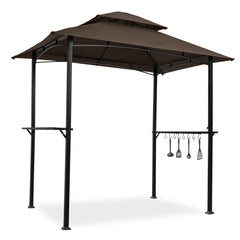 HAOYYE Outdoor Grill Gazebo 8x5 Ft Double Tier Soft Top Canopy Shelter Tent with Steel Frame Hook and Bar Counters Brown BBQ Grill Tent for Patio Deck Backyard Garden Cooking Station Shade Pergola with Ventilated Roof and Storage Space
