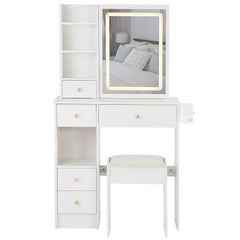 HAOYYE Compact Vanity Table With Left Drawer, Cushioned Stool, Touch-Control Sliding LED Mirror With Tri-Color Switching, Built-In Power Station, Hair Dryer Bracket, Certified By EPA, GCC, And UL