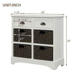 HAOYYE Rustic Storage Cabinet with Two Drawers and Four Classic Rattan Baskets for Dining Room or Living Room, White, Sturdy Space-Saving Design, Heavy Duty Construction, Easy Assembly, Durable and Stylish Home Furniture