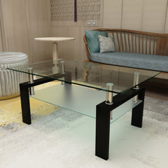 HAOYYE Rectangle Black Glass Coffee Table, Clear Glass Top Modern Side Center Table for Living Room, Stylish and Sturdy Furniture with Space-Saving Design, Heavy Duty, Ideal for Living Room or Dorm Room